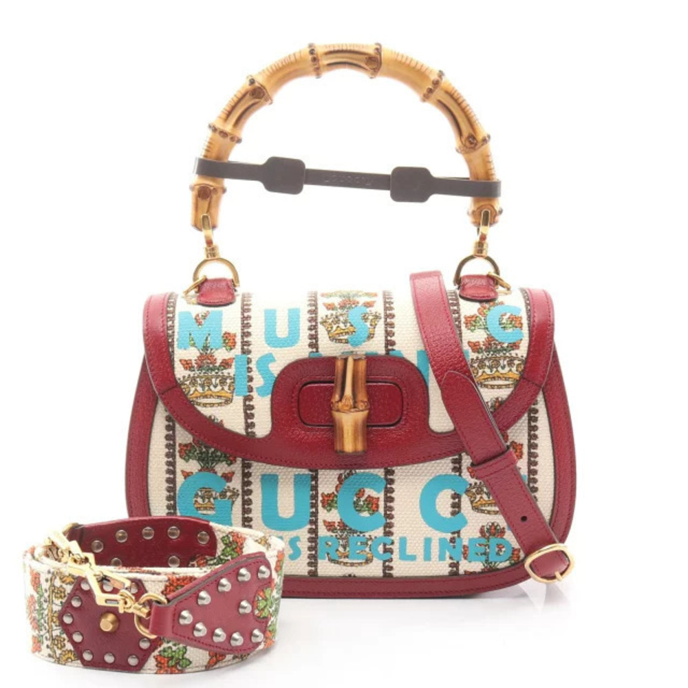 Gucci MUSIC MINE Bamboo Handbag Leather Ivory White Burgundy Red Multicolor